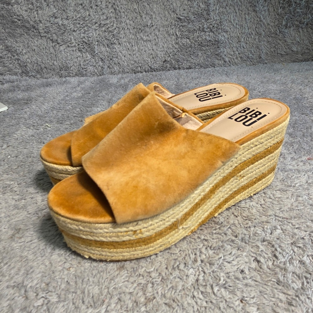 Bibi‎ Lou Anthropologie Suede Espadrille Platform Wedge Slides Tan Womens 38